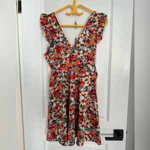 Floral V-Neck Dress with Ruffle Sleeves